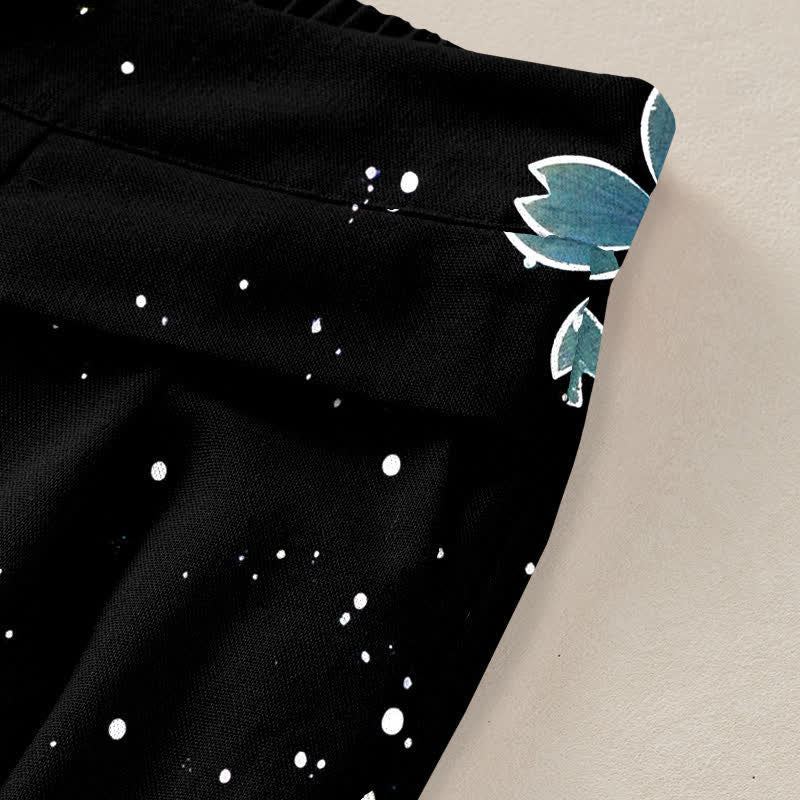 Buddha Stones Pantalones de mujer de lino y algodón con estampado Sakura en color negro, cintura elástica y pernera ancha con bolsillos. - image 10