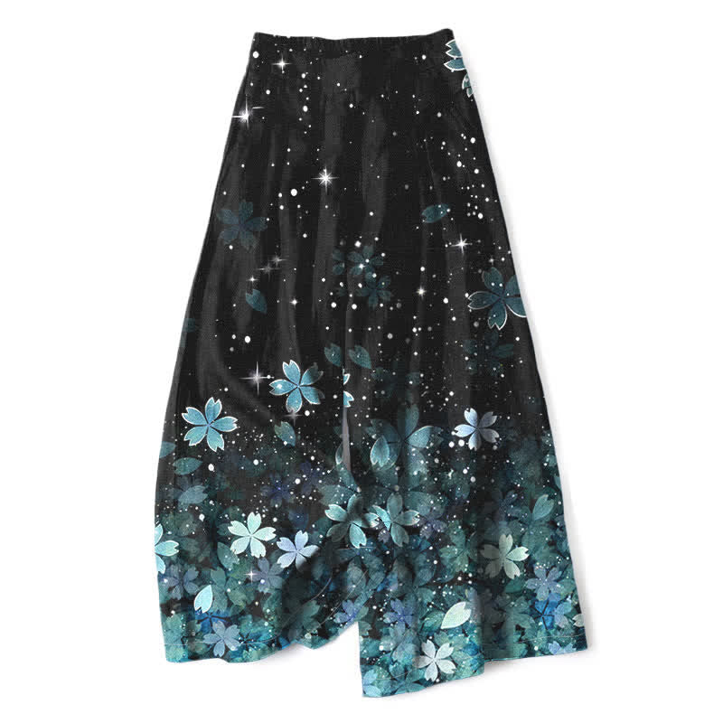 Buddha Stones Pantalones de mujer de lino y algodón con estampado Sakura en color negro, cintura elástica y pernera ancha con bolsillos. - Celeste - US16，UK/AU20，EU48 (3XL) - image 8