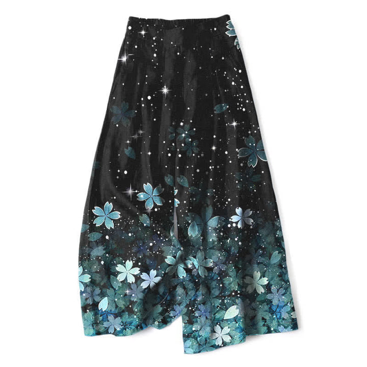 Buddha Stones Pantalones de mujer de lino y algodón con estampado Sakura en color negro, cintura elástica y pernera ancha con bolsillos. - Celeste - US16，UK/AU20，EU48 (3XL) - image 8