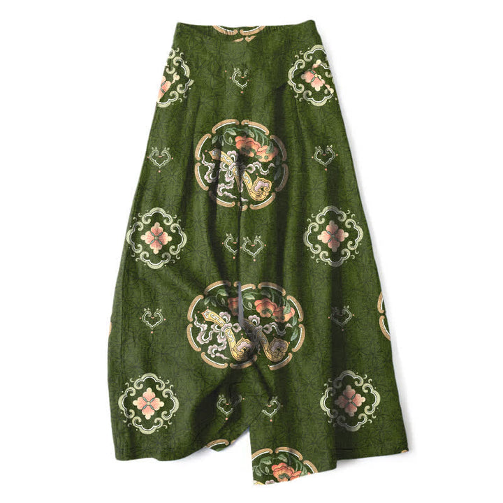 Buddha Stones Pantalones de mujer de algodón y lino con estampado bohemio de medallones, cintura elástica y pernera ancha con bolsillos. - Verde oliva oscuro - US16，UK/AU20，EU48 (3XL) - image 8
