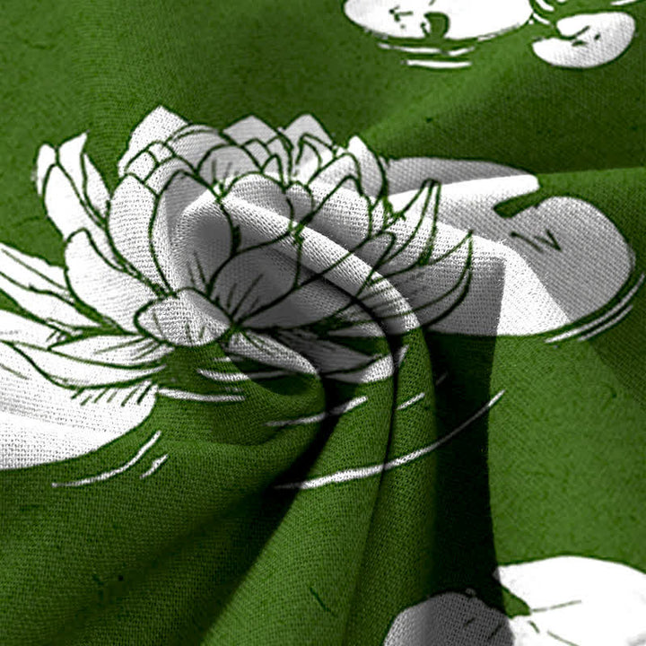 Buddha Stones Pantalones de mujer de algodón y lino con estampado de hojas de loto, cintura elástica y pernera ancha con bolsillos. - image 3