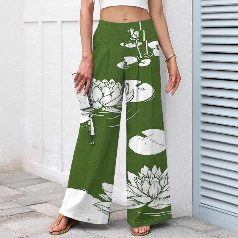 Buddha Stones Pantalones de mujer de algodón y lino con estampado de hojas de loto, cintura elástica y pernera ancha con bolsillos. - image 1