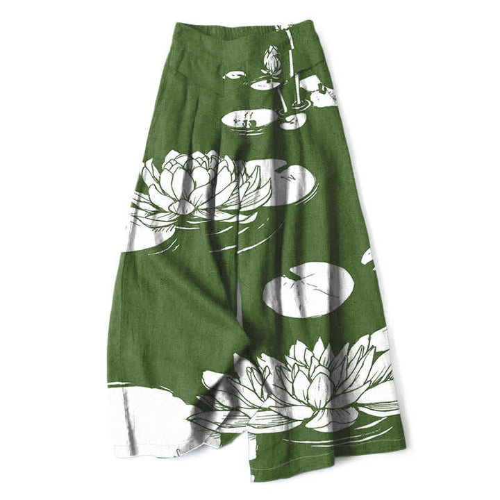 Buddha Stones Pantalones de mujer de algodón y lino con estampado de hojas de loto, cintura elástica y pernera ancha con bolsillos. - Verde bosque - US16，UK/AU20，EU48 (3XL) - image 0