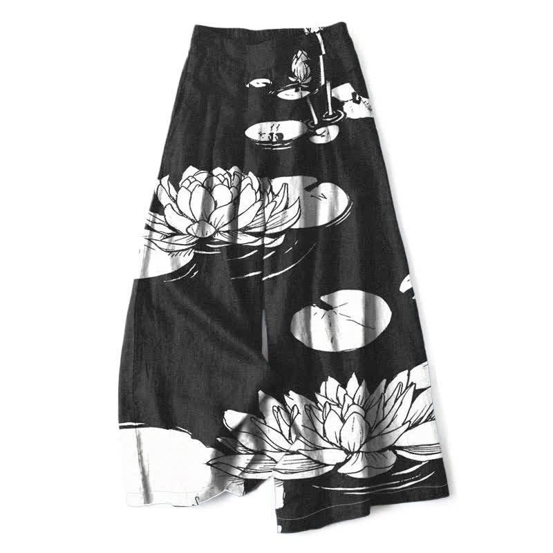 Buddha Stones Pantalones de mujer de algodón y lino con estampado de hojas de loto, cintura elástica y pernera ancha con bolsillos. - Negro - US16，UK/AU20，EU48 (3XL) - image 4