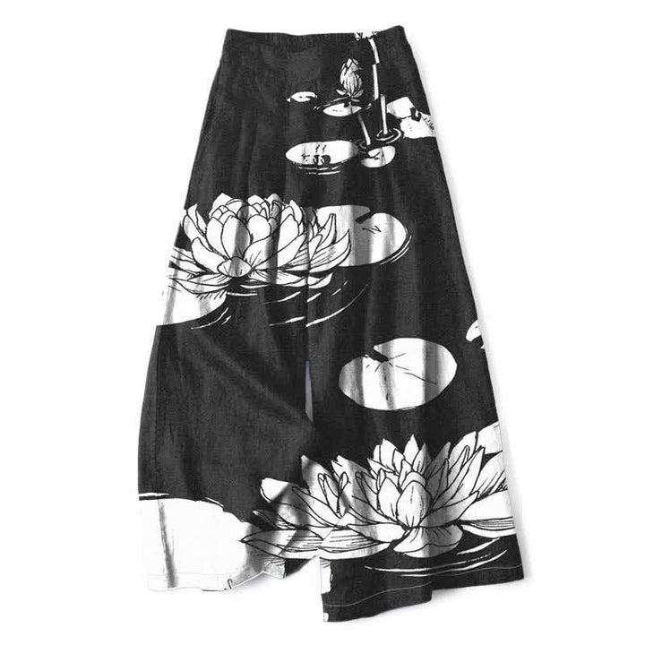 Buddha Stones Pantalones de mujer de algodón y lino con estampado de hojas de loto, cintura elástica y pernera ancha con bolsillos. - Negro - US16，UK/AU20，EU48 (3XL) - image 4