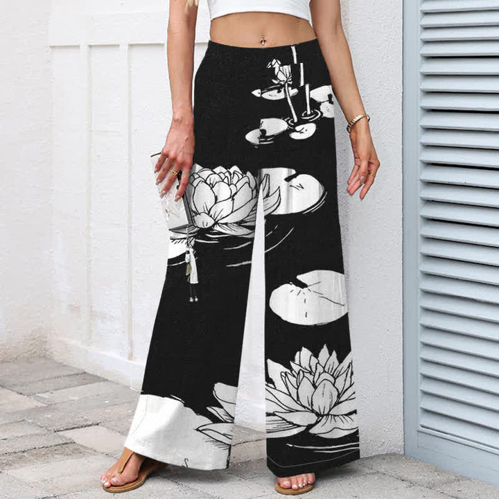 Buddha Stones Pantalones de mujer de algodón y lino con estampado de hojas de loto, cintura elástica y pernera ancha con bolsillos. - image 5