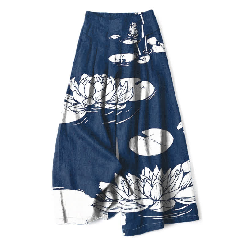 Buddha Stones Pantalones de mujer de algodón y lino con estampado de hojas de loto, cintura elástica y pernera ancha con bolsillos. - Marina de guerra - US16，UK/AU20，EU48 (3XL) - image 8
