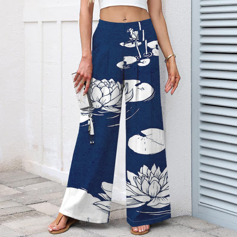 Buddha Stones Pantalones de mujer de algodón y lino con estampado de hojas de loto, cintura elástica y pernera ancha con bolsillos. - image 9