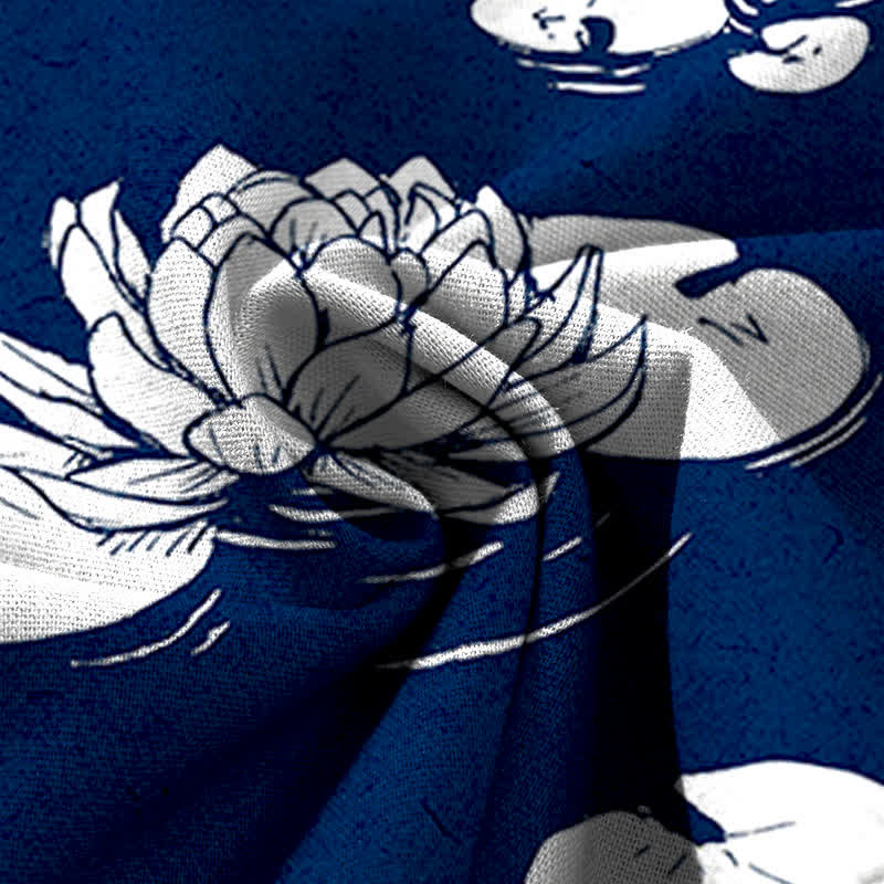 Buddha Stones Pantalones de mujer de algodón y lino con estampado de hojas de loto, cintura elástica y pernera ancha con bolsillos. - image 11