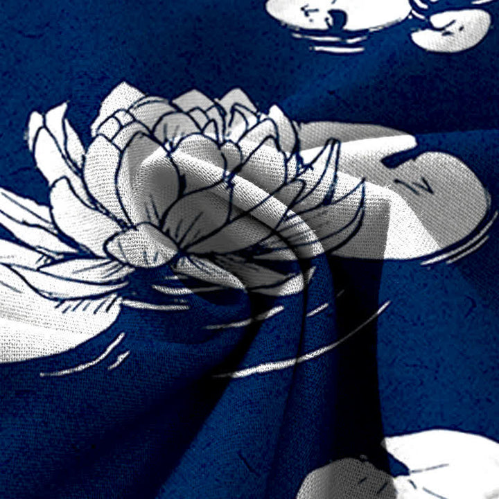 Buddha Stones Pantalones de mujer de algodón y lino con estampado de hojas de loto, cintura elástica y pernera ancha con bolsillos. - image 11
