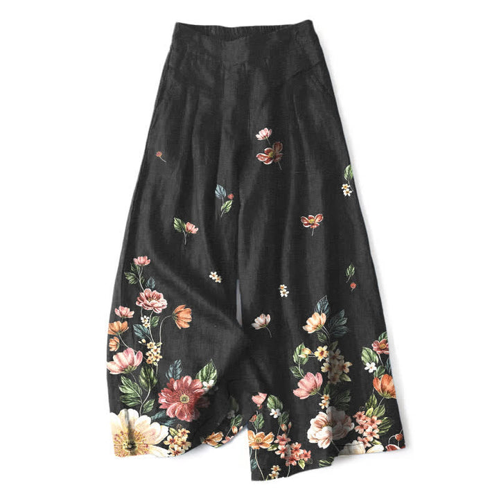 Buddha Stones Pantalones de mujer de algodón y lino con estampado floral bohemio, cintura elástica y pernera ancha con bolsillos. - Negro - US16，UK/AU20，EU48 (3XL) - image 0