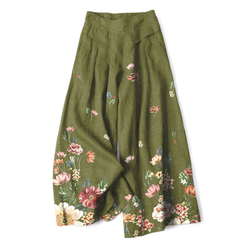 Buddha Stones Pantalones de mujer de algodón y lino con estampado floral bohemio, cintura elástica y pernera ancha con bolsillos. - Verde oliva - US16，UK/AU20，EU48 (3XL) - image 4
