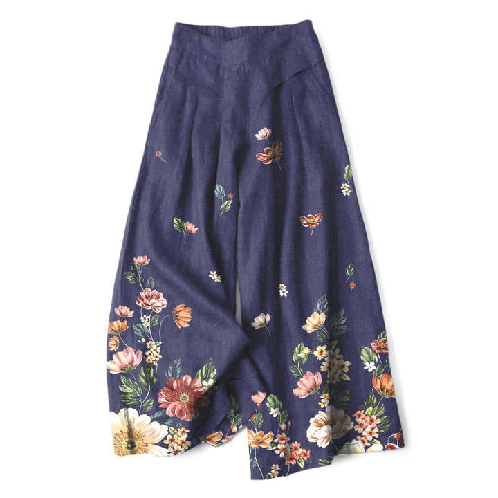 Buddha Stones Pantalones de mujer de algodón y lino con estampado floral bohemio, cintura elástica y pernera ancha con bolsillos. - Marina de guerra - US16，UK/AU20，EU48 (3XL) - image 8
