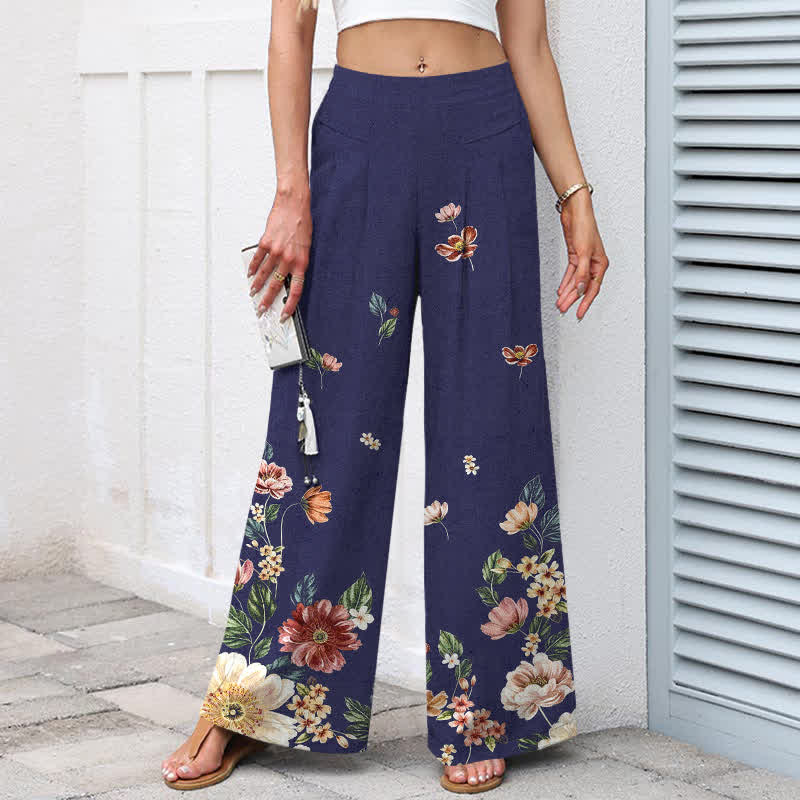 Buddha Stones Pantalones de mujer de algodón y lino con estampado floral bohemio, cintura elástica y pernera ancha con bolsillos. - image 9