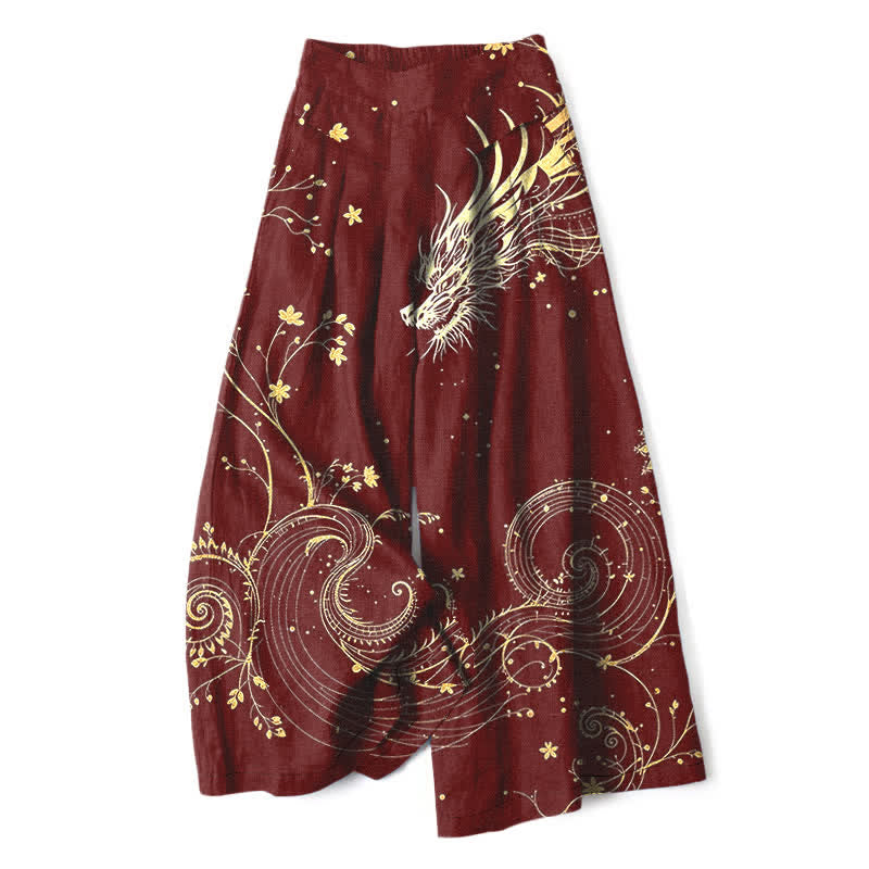 Buddha Stones Pantalones de mujer de algodón y lino con estampado de olas de dragón, cintura elástica y pernera ancha con bolsillos. - Granate - US16，UK/AU20，EU48 (3XL) - image 4
