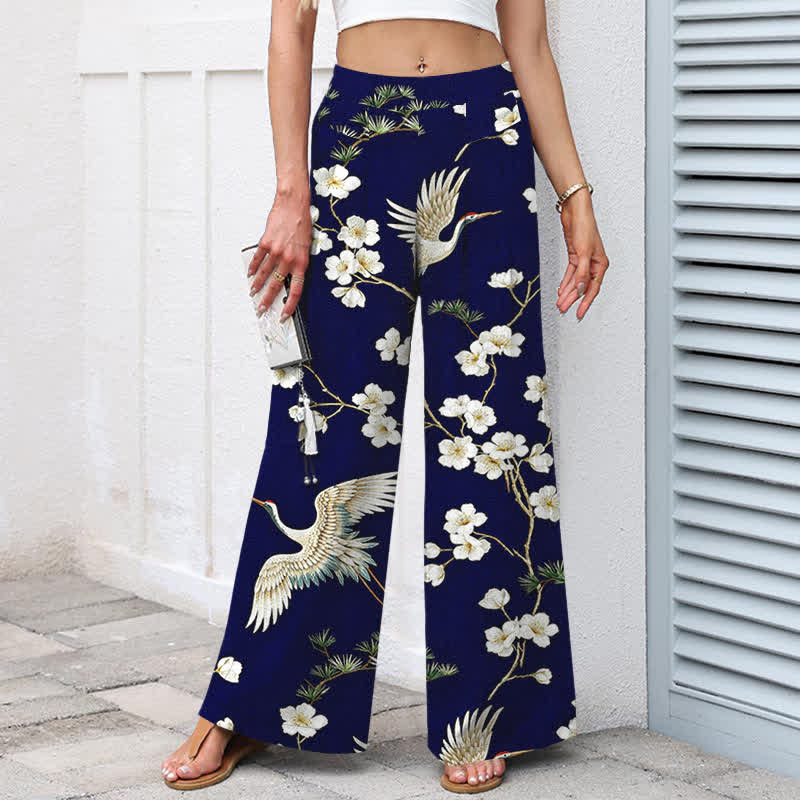 Buddha Stones Pantalones de mujer de algodón y lino con estampado floral de grullas, cintura elástica y pernera ancha con bolsillos. - image 1