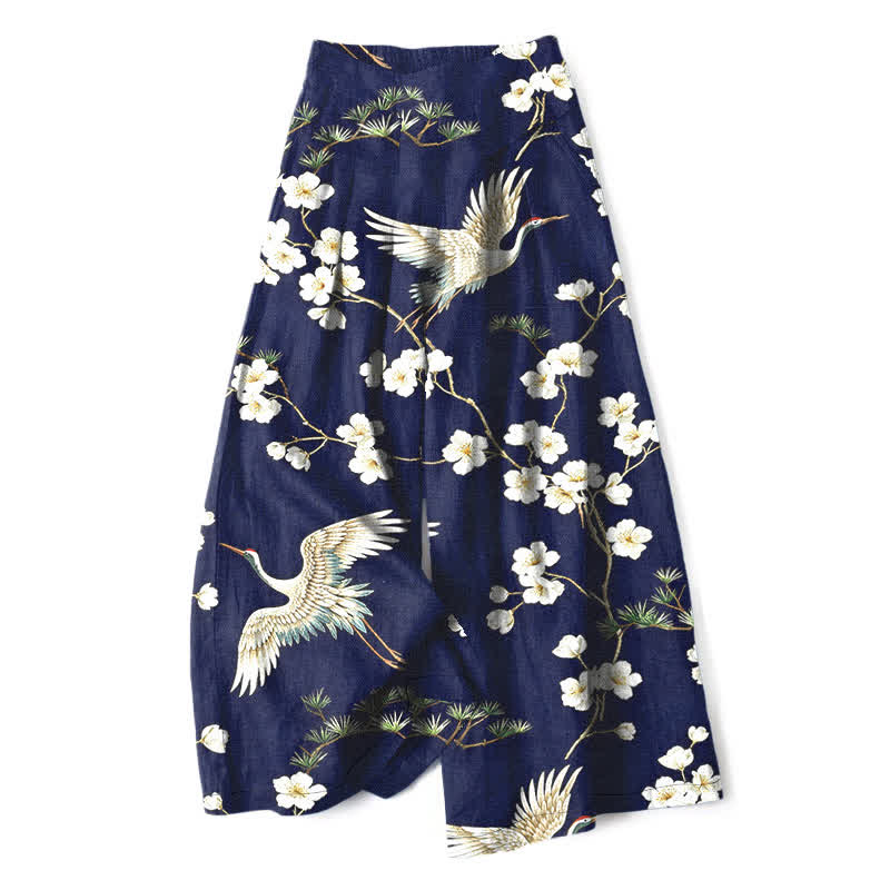 Buddha Stones Pantalones de mujer de algodón y lino con estampado floral de grullas, cintura elástica y pernera ancha con bolsillos. - Marina de guerra - US16，UK/AU20，EU48 (3XL) - image 0