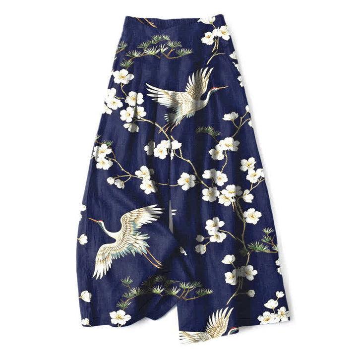 Buddha Stones Pantalones de mujer de algodón y lino con estampado floral de grullas, cintura elástica y pernera ancha con bolsillos. - Marina de guerra - US16，UK/AU20，EU48 (3XL) - image 0