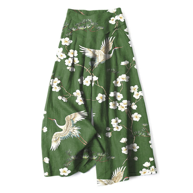 Buddha Stones Pantalones de mujer de algodón y lino con estampado floral de grullas, cintura elástica y pernera ancha con bolsillos. - Verde bosque - US16，UK/AU20，EU48 (3XL) - image 4