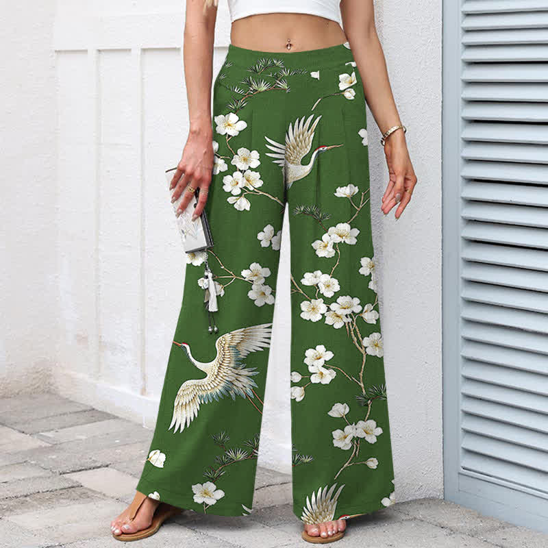 Buddha Stones Pantalones de mujer de algodón y lino con estampado floral de grullas, cintura elástica y pernera ancha con bolsillos. - image 5