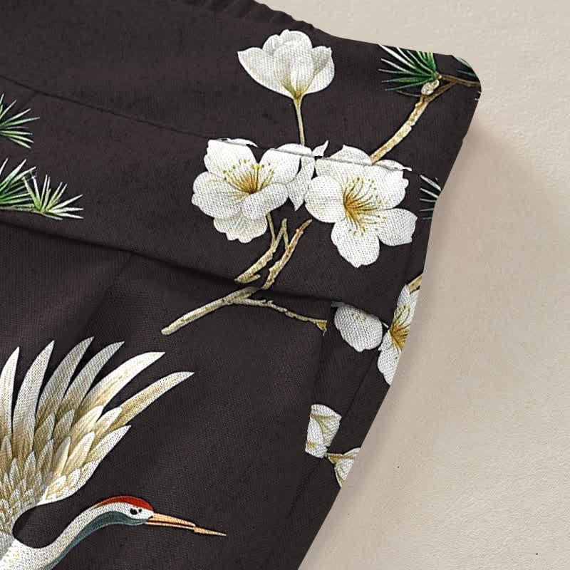 Buddha Stones Pantalones de mujer de algodón y lino con estampado floral de grullas, cintura elástica y pernera ancha con bolsillos. - image 10