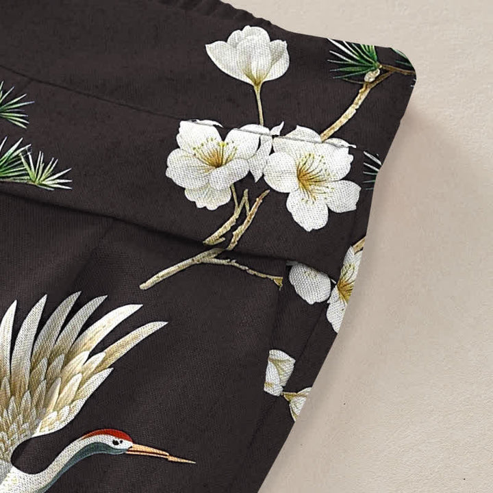 Buddha Stones Pantalones de mujer de algodón y lino con estampado floral de grullas, cintura elástica y pernera ancha con bolsillos. - image 10