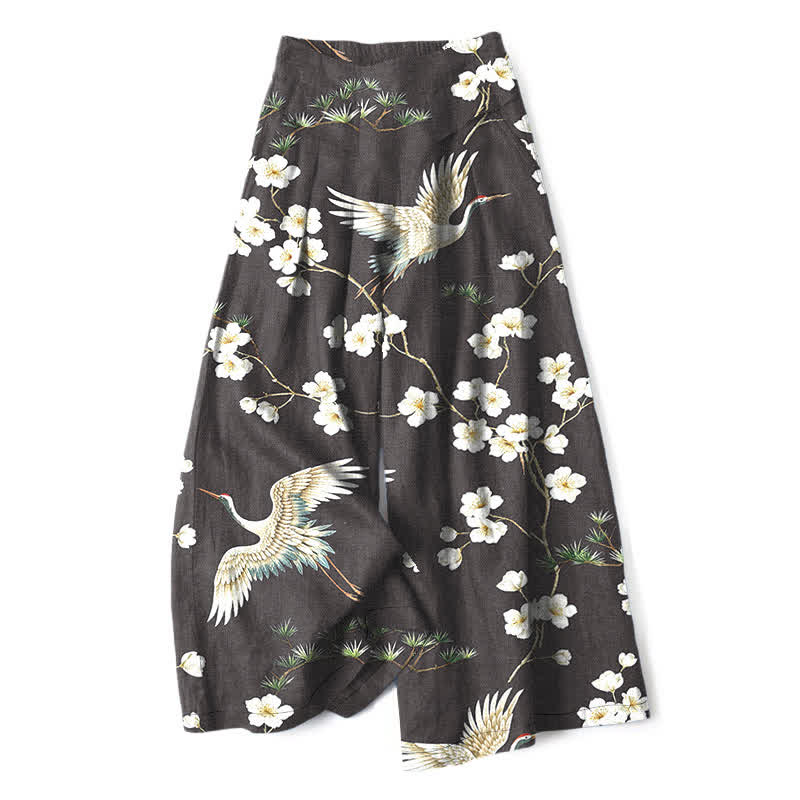 Buddha Stones Pantalones de mujer de algodón y lino con estampado floral de grullas, cintura elástica y pernera ancha con bolsillos. - Negro - US16，UK/AU20，EU48 (3XL) - image 8