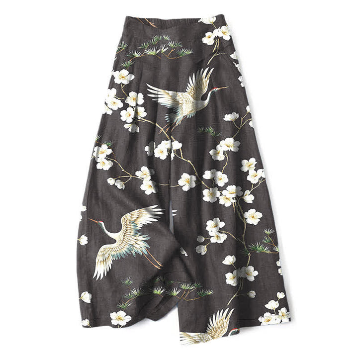 Buddha Stones Pantalones de mujer de algodón y lino con estampado floral de grullas, cintura elástica y pernera ancha con bolsillos. - Negro - US16，UK/AU20，EU48 (3XL) - image 8
