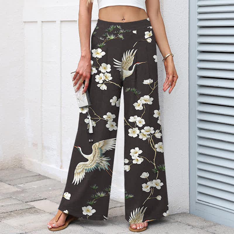 Buddha Stones Pantalones de mujer de algodón y lino con estampado floral de grullas, cintura elástica y pernera ancha con bolsillos. - image 9