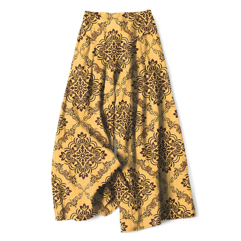 Buddha Stones Pantalones de mujer de algodón y lino con estampado floral barroco, cintura elástica y pernera ancha con bolsillos. - Oro - US16，UK/AU20，EU48 (3XL) - image 0