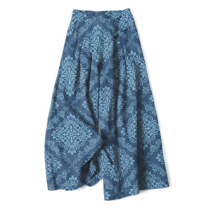 Buddha Stones Pantalones de mujer de algodón y lino con estampado floral barroco, cintura elástica y pernera ancha con bolsillos. - Azul acero - US16，UK/AU20，EU48 (3XL) - image 4