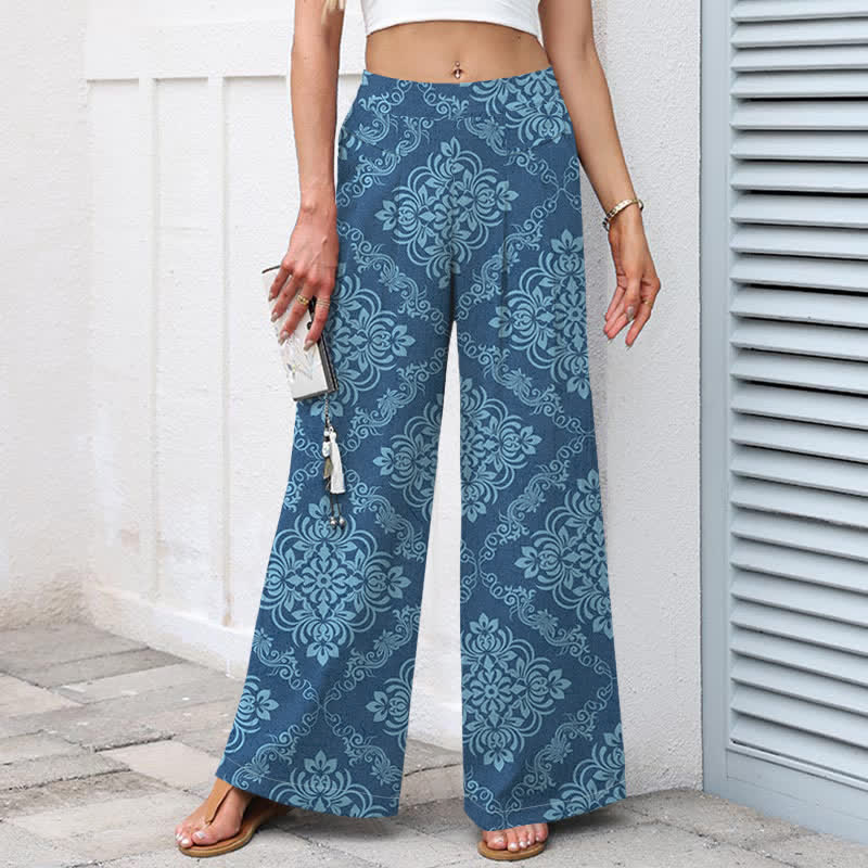 Buddha Stones Pantalones de mujer de algodón y lino con estampado floral barroco, cintura elástica y pernera ancha con bolsillos. - image 5