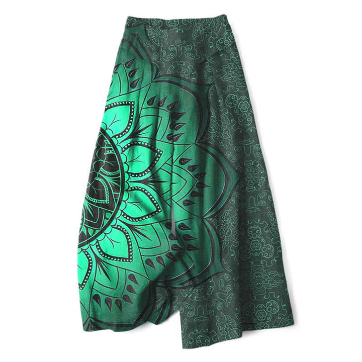 Buddha Stones Pantalones de mujer de algodón y lino con estampado de mandala, cintura elástica y pernera ancha con bolsillos. - image 0