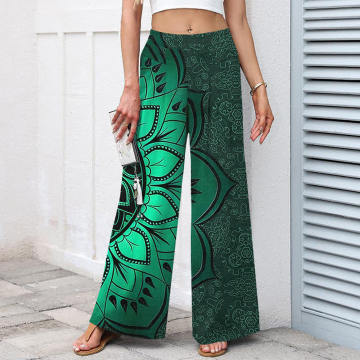 Buddha Stones Pantalones de mujer de algodón y lino con estampado de mandala, cintura elástica y pernera ancha con bolsillos. - image 1