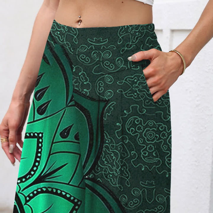 Buddha Stones Pantalones de mujer de algodón y lino con estampado de mandala, cintura elástica y pernera ancha con bolsillos. - Verde oscuro - US16，UK/AU20，EU48 (3XL) - image 2