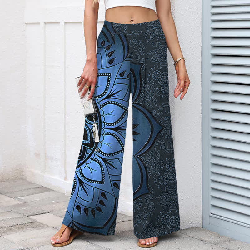 Buddha Stones Pantalones de mujer de algodón y lino con estampado de mandala, cintura elástica y pernera ancha con bolsillos. - image 6