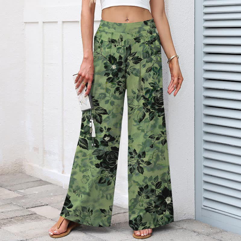 Buddha Stones Pantalones de mujer de algodón y lino con estampado floral, cintura elástica y pernera ancha con bolsillos. - image 1