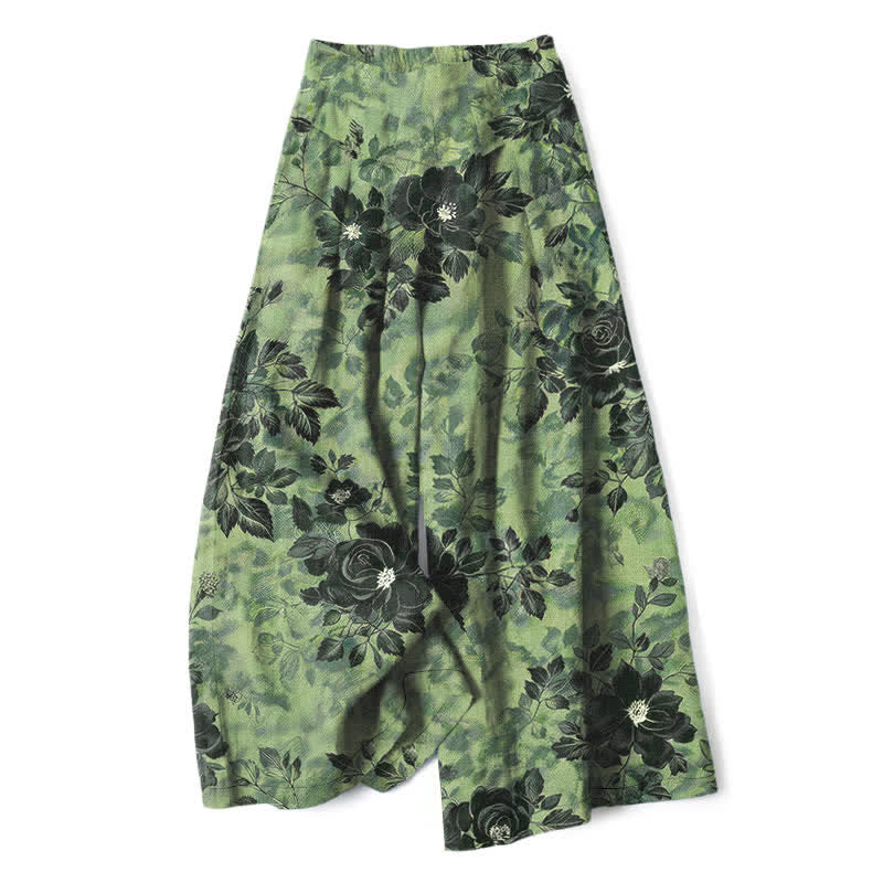 Buddha Stones Pantalones de mujer de algodón y lino con estampado floral, cintura elástica y pernera ancha con bolsillos. - Verde oliva - US16，UK/AU20，EU48 (3XL) - image 0