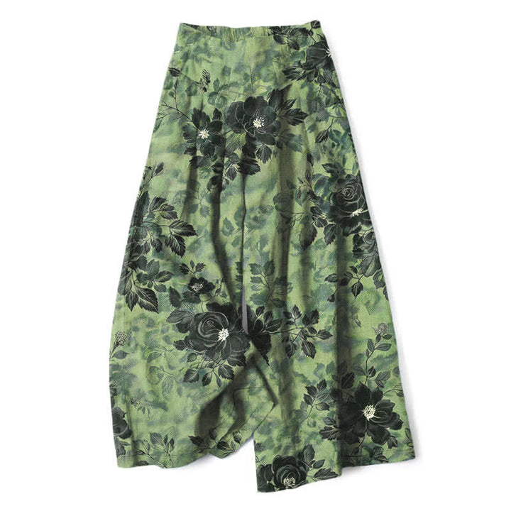 Buddha Stones Pantalones de mujer de algodón y lino con estampado floral, cintura elástica y pernera ancha con bolsillos. - Verde oliva - US16，UK/AU20，EU48 (3XL) - image 0