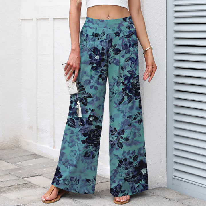Buddha Stones Pantalones de mujer de algodón y lino con estampado floral, cintura elástica y pernera ancha con bolsillos. - image 9