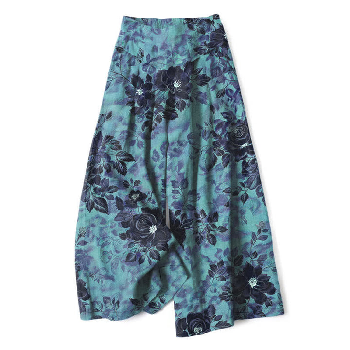 Buddha Stones Pantalones de mujer de algodón y lino con estampado floral, cintura elástica y pernera ancha con bolsillos. - Turquesa oscuro - US16，UK/AU20，EU48 (3XL) - image 8