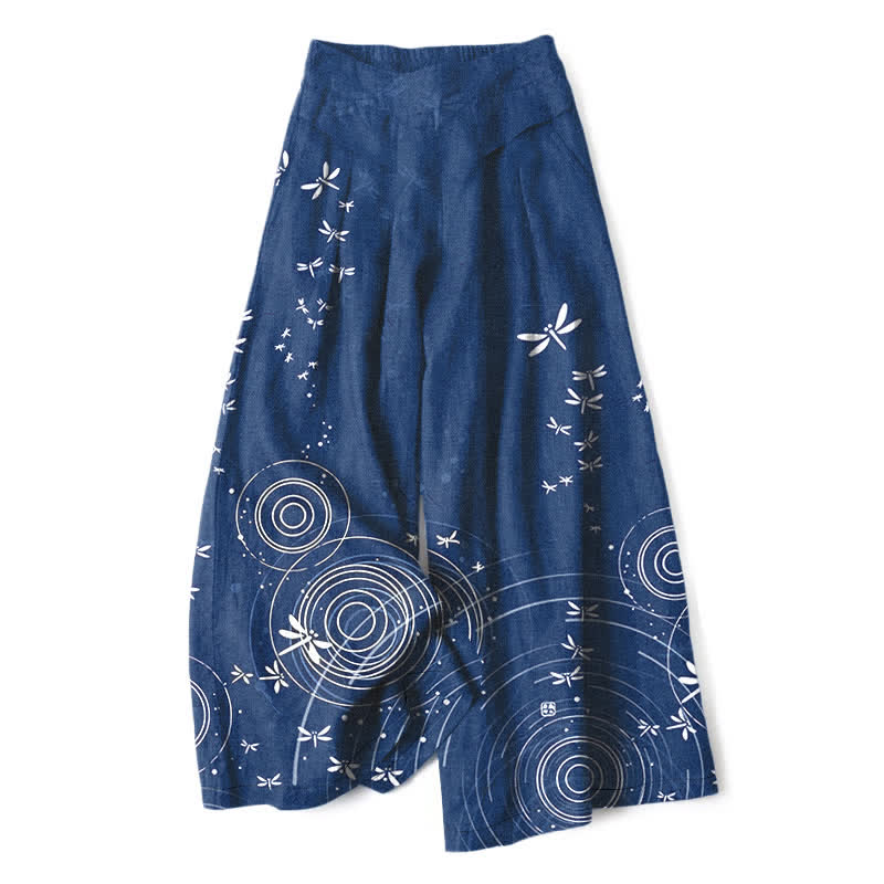 Buddha Stones Pantalones de mujer de algodón y lino con estampado de libélulas y ondas, cintura elástica, pernera ancha y bolsillos. - Marina de guerra - US16，UK/AU20，EU48 (3XL) - image 0