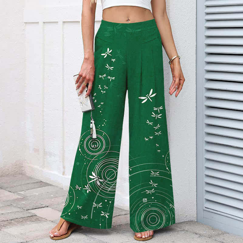 Buddha Stones Pantalones de mujer de algodón y lino con estampado de libélulas y ondas, cintura elástica, pernera ancha y bolsillos. - image 5