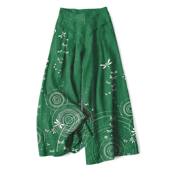 Buddha Stones Pantalones de mujer de algodón y lino con estampado de libélulas y ondas, cintura elástica, pernera ancha y bolsillos. - Verde bosque - US16，UK/AU20，EU48 (3XL) - image 4