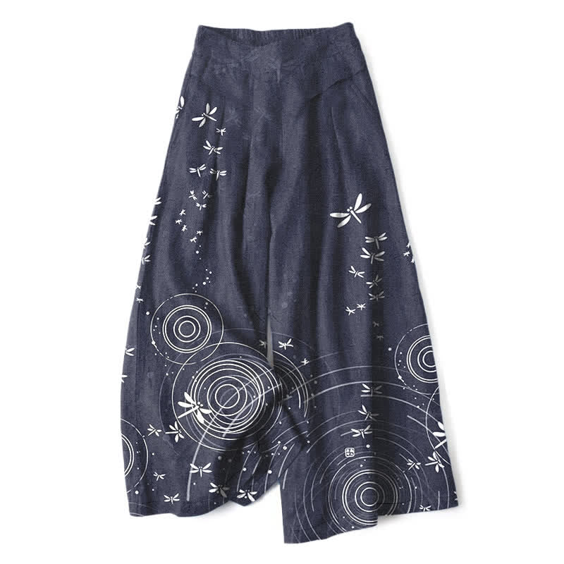 Buddha Stones Pantalones de mujer de algodón y lino con estampado de libélulas y ondas, cintura elástica, pernera ancha y bolsillos. - Gris pizarra - US16，UK/AU20，EU48 (3XL) - image 8