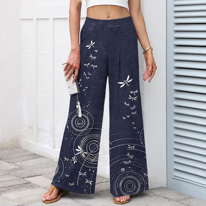 Buddha Stones Pantalones de mujer de algodón y lino con estampado de libélulas y ondas, cintura elástica, pernera ancha y bolsillos. - image 9