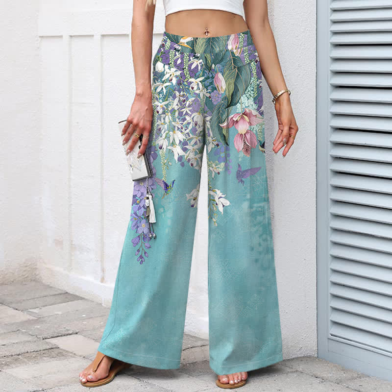 Buddha Stones Pantalones de mujer de algodón y lino con estampado floral bohemio, cintura elástica y pernera ancha con bolsillos. - image 1