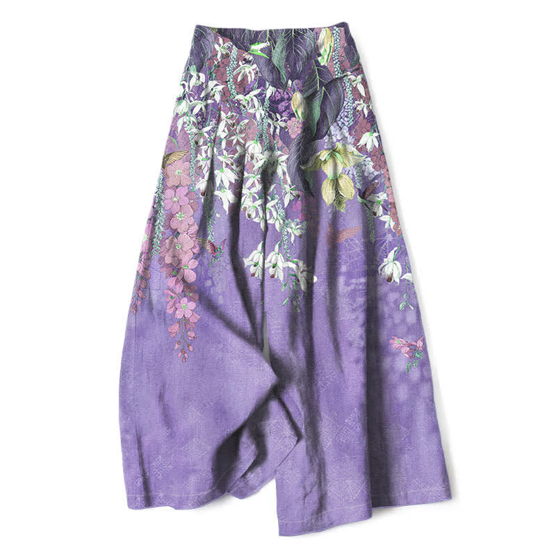 Buddha Stones Pantalones de mujer de algodón y lino con estampado floral bohemio, cintura elástica y pernera ancha con bolsillos. - Morado medio - US16，UK/AU20，EU48 (3XL) - image 4