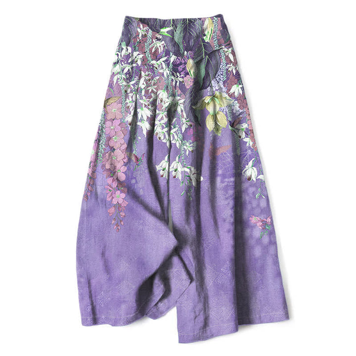 Buddha Stones Pantalones de mujer de algodón y lino con estampado floral bohemio, cintura elástica y pernera ancha con bolsillos. - Morado medio - US16，UK/AU20，EU48 (3XL) - image 4