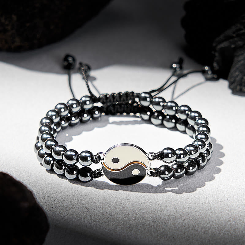 Buddha Stones Pulsera de soporte de piedra de lava esmerilada de hematita Yin Yang - Hematita (circunferencia de la muñeca: 17-27 cm) - image 0